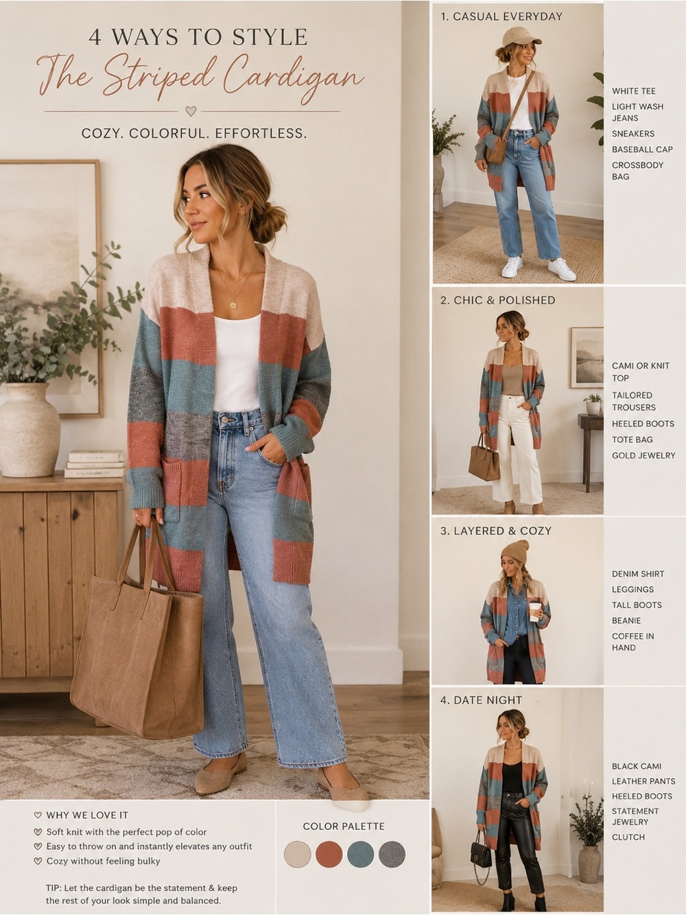 NWT Miracle Striped Open-Front Cardigan in Cream, Rust & Blue Sz S / M